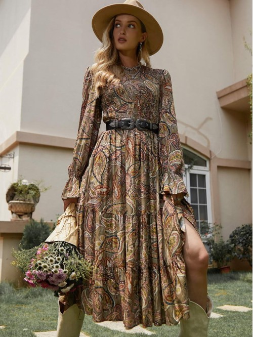 Bell Sleeve Flounce Hem Paisley Dress Without Belt