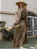 Bell Sleeve Flounce Hem Paisley Dress Without Belt