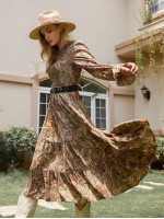 Bell Sleeve Flounce Hem Paisley Dress Without Belt