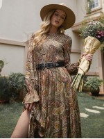 Bell Sleeve Flounce Hem Paisley Dress Without Belt