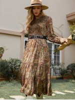 Bell Sleeve Flounce Hem Paisley Dress Without Belt