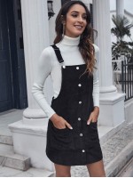 Adjustable Strap Pocket Front Cord Pinafore Dress