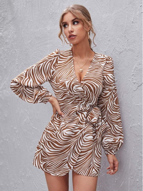 Wrap Tie Side Zebra Striped Dress