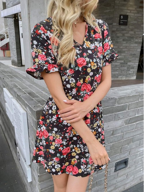 All Over Floral Print Flounce Sleeve A-line Dress