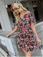 All Over Floral Print Flounce Sleeve A-line Dress