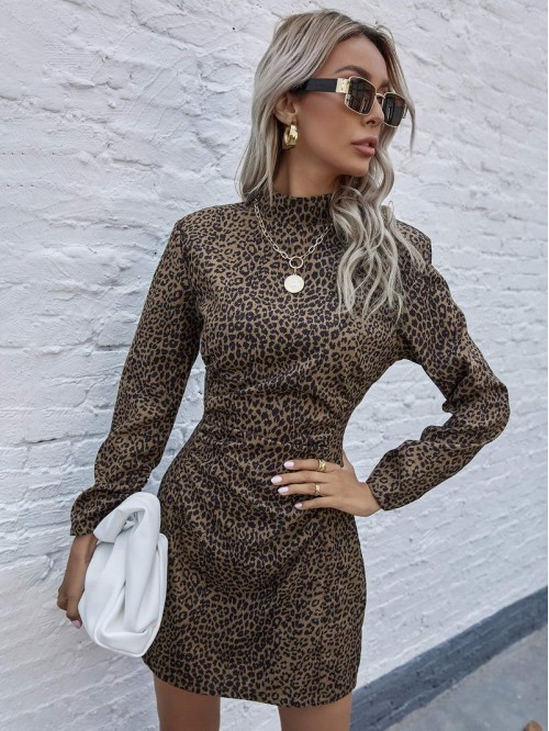 All Over Print Puff Sleeve Fitted Dress