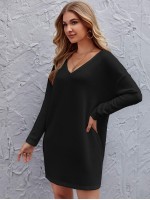 V-neck Drop Shoulder Solid Dress Without Belt