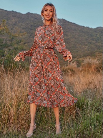 All Over Floral Print Flounce Sleeve Dress Without Belt