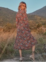 All Over Floral Print Flounce Sleeve Dress Without Belt