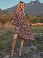 All Over Floral Print Flounce Sleeve Dress Without Belt