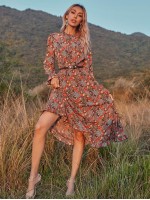 All Over Floral Print Flounce Sleeve Dress Without Belt