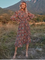 All Over Floral Print Flounce Sleeve Dress Without Belt