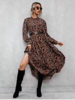 Allover Floral Frill Neck A-line Dress Without Belted