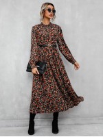 Allover Floral Frill Neck A-line Dress Without Belted