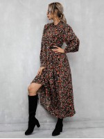 Allover Floral Frill Neck A-line Dress Without Belted