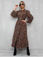 Allover Floral Frill Neck A-line Dress Without Belted