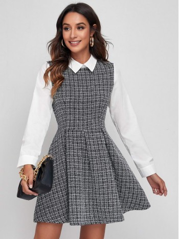 Zipper Back Tweed 2 In 1 Dress