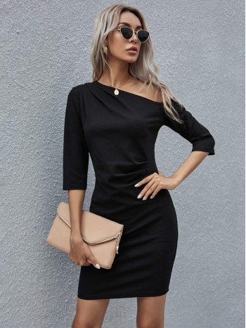 Asymmetrical Neck Fold Pleated Dress