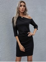 Asymmetrical Neck Fold Pleated Dress