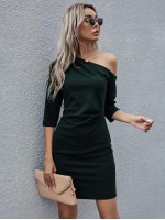 Asymmetric Neck Solid Fitted Dress