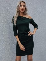 Asymmetric Neck Solid Fitted Dress