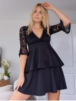 Bell Sleeve Lace Bodice Layered Ruffle Hem Dress