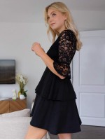 Bell Sleeve Lace Bodice Layered Ruffle Hem Dress