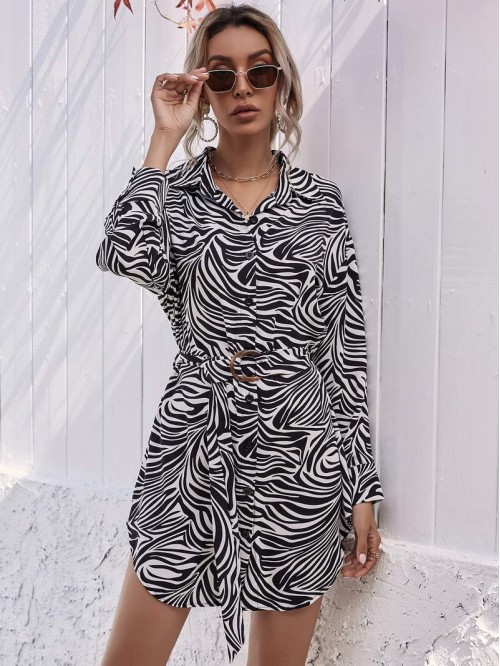 Zebra Stripe Belted Shirt Dress