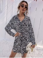 Zebra Stripe Belted Shirt Dress