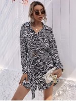 Zebra Stripe Belted Shirt Dress