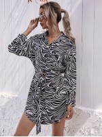 Zebra Stripe Belted Shirt Dress