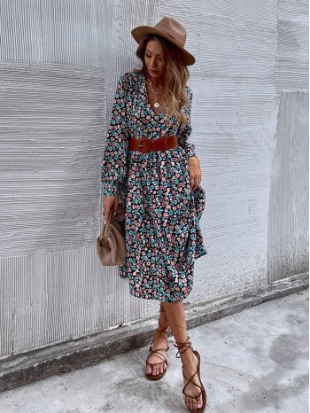 All Over Floral Print Smock Dress Without Belt