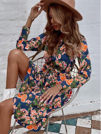 All Over Floral Print Button Front Belted Shirt Dress