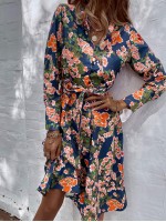 All Over Floral Print Button Front Belted Shirt Dress