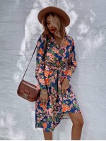 All Over Floral Print Button Front Belted Shirt Dress