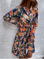 All Over Floral Print Button Front Belted Shirt Dress