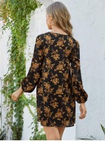 Allover Floral Print V-neck Tunic Dress