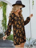 Allover Floral Print V-neck Tunic Dress