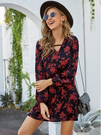 Allover Floral Print V-neck Tunic Dress