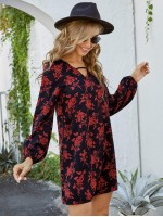 Allover Floral Print V-neck Tunic Dress