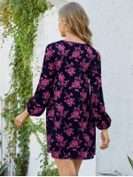 Allover Floral Print V-neck Tunic Dress