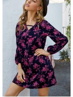 Allover Floral Print V-neck Tunic Dress