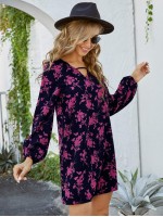 Allover Floral Print V-neck Tunic Dress