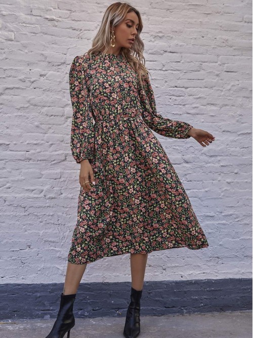 Allover Floral Bishop Sleeve A-line Dress