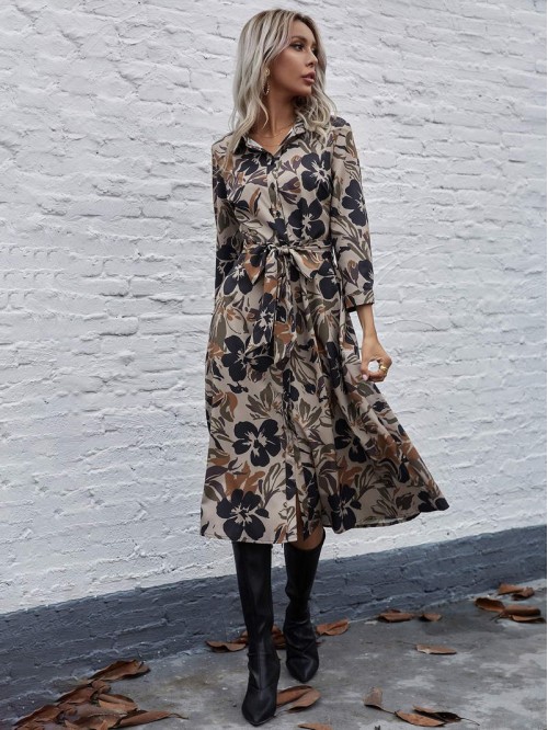 Allover Floral Belted Shirt Dress