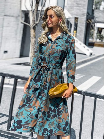 Allover Floral Belted Shirt Dress