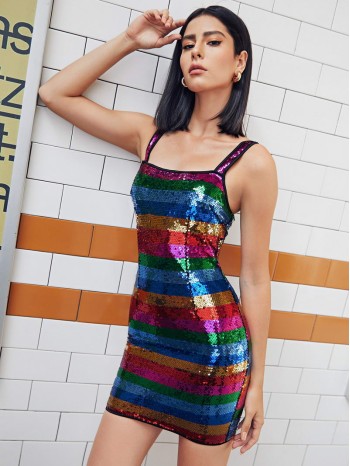 Zipper Back Sequin Colorblock Dress