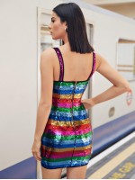 Zipper Back Sequin Colorblock Dress