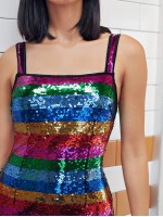 Zipper Back Sequin Colorblock Dress