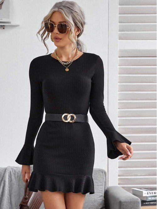 Bell Sleeve Ruffle Hem Rib-knit Dress Without Belt